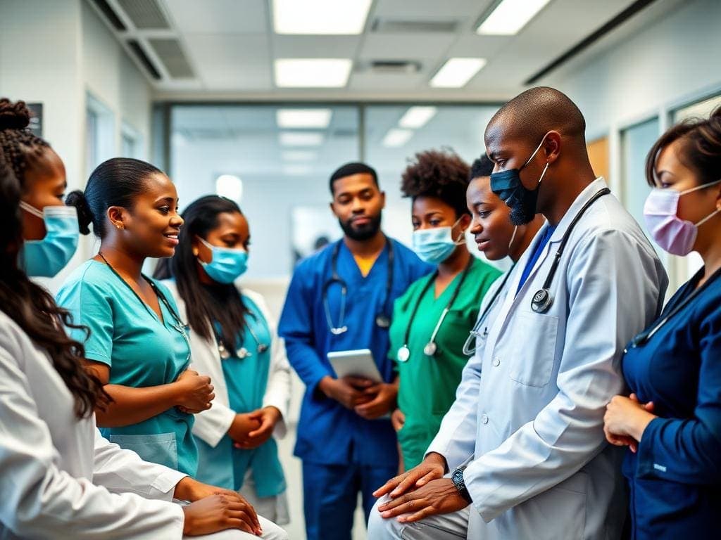 A group of masked healthcare professionals in varied colored scrubs gather for a discussion in a hospital hallway