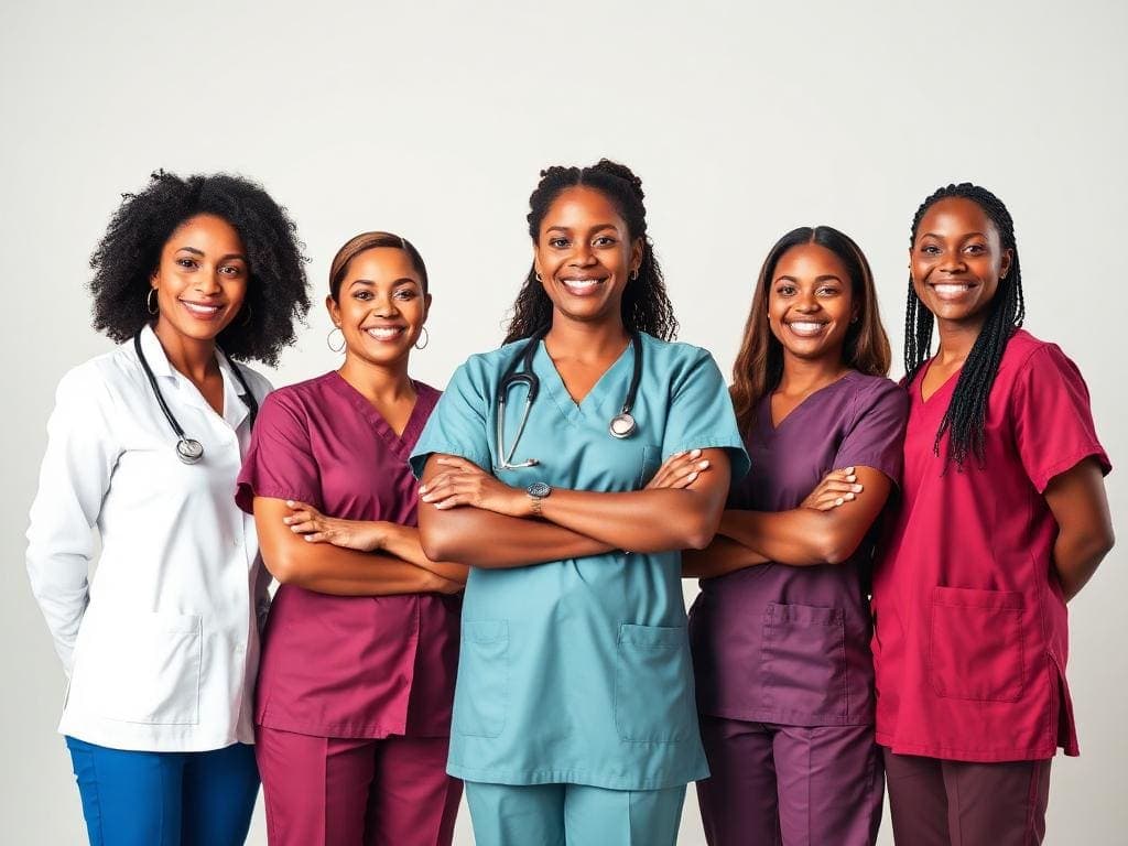 Five smiling nurses in colorful scrubs stand arm in arm against a plain studio background