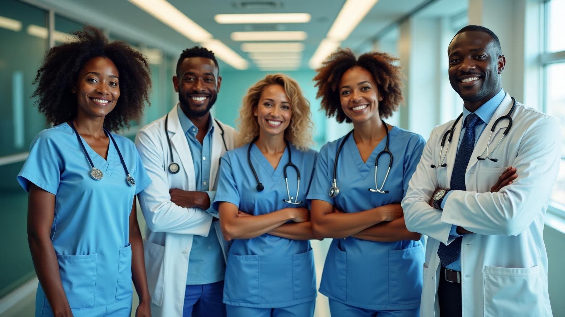 Five smiling clinicians in blue scrubs and white coats stand together with arms crossed in a bright hospital corridor