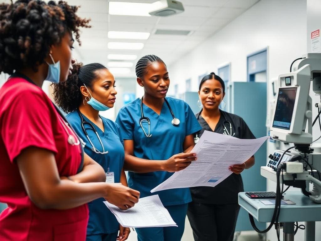 Four nurses in scrubs, two wearing masks, review paperwork together beside medical monitoring equipment