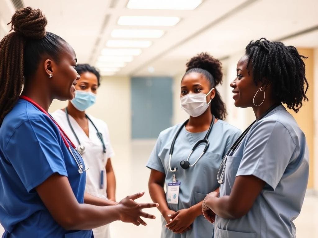 Four nurses in scrubs and lab coats, two wearing masks, talk together in a hospital hallway