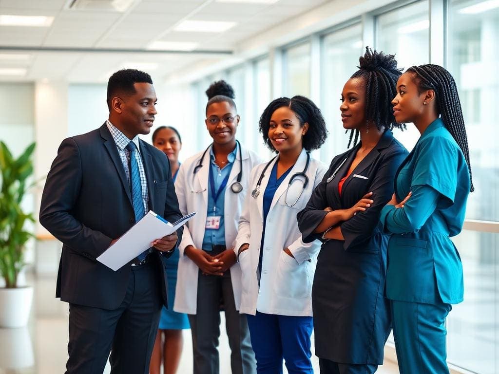 A staffing manager in a suit holding a clipboard talks with a group of clinicians and healthcare professionals in a bright corridor